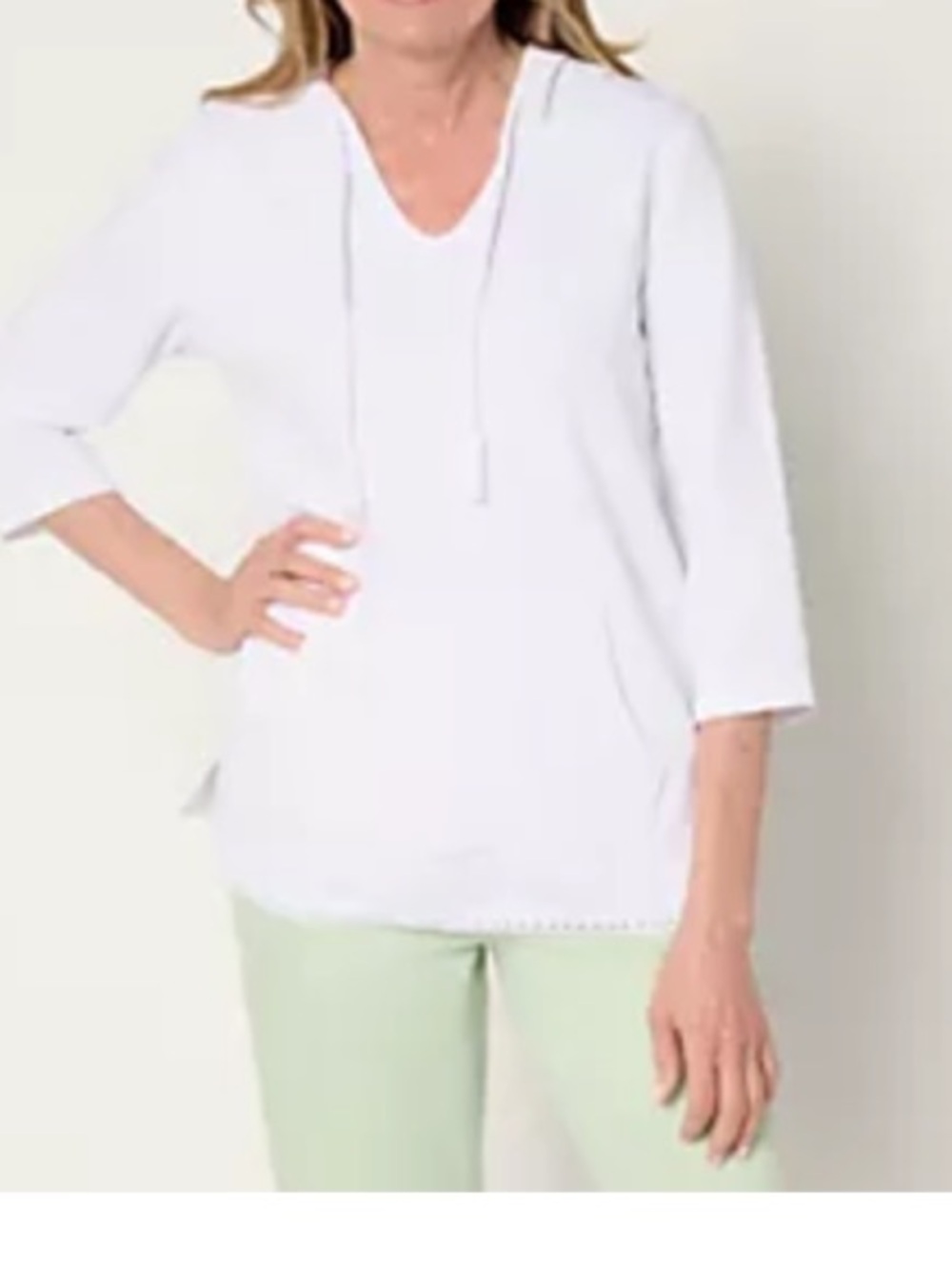 Denim & Co Beach Women’s White 3/4 sleeve V-Neck Hoodie Top
